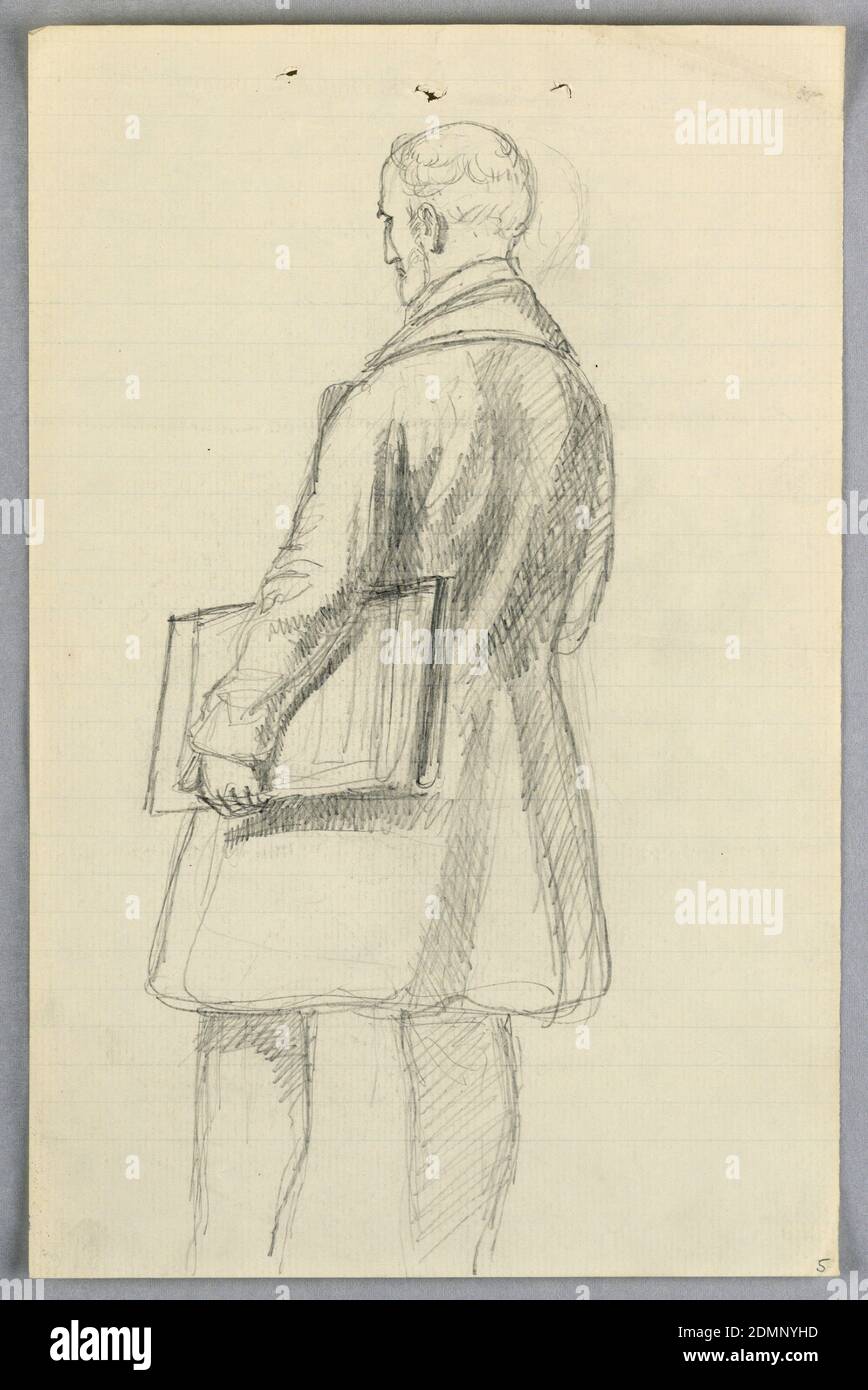 Studie für 'Scientific Group', Daniel Huntington, Amerikaner, 1816–1906, Graphit auf liniertem, weiß gekleidtem Papier, Mann nach links, ein großes Buch oder Mappe unter seinem linken Arm., London, Großbritannien, USA, 1858, Figuren, Zeichnung Stockfoto