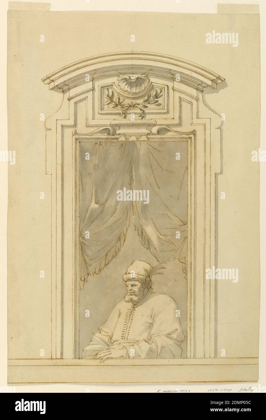 Fenstergehäuse und Hälfte einer Figur eines Türkenmenschen, Filippo Marchionni, italienisch, 1732–1805, Graphit, Feder und Sepia-Tinte, Pinsel und graues Aquarell auf Papier, großer bärtiger Mann mit gefiedertem Hut vor dem Balkon sitzend und mit einem Vorhang, offenes Portal. Die obere Entablatur ist kreisförmig gekrümmt. Im oberen Teil der Fensteröffnung befinden sich Fenstervorhänge. Der Türke sitzt und lehnt seinen linken Unterarm auf die Brüstung. Er trägt eine Mütze mit einer Feder. Die Leisten, die den unteren Teil des Fensterrahmens bilden, zeichnen sich an den seitlichen Rändern ab., Italien, 1750–70, Architektur, Zeichnung Stockfoto