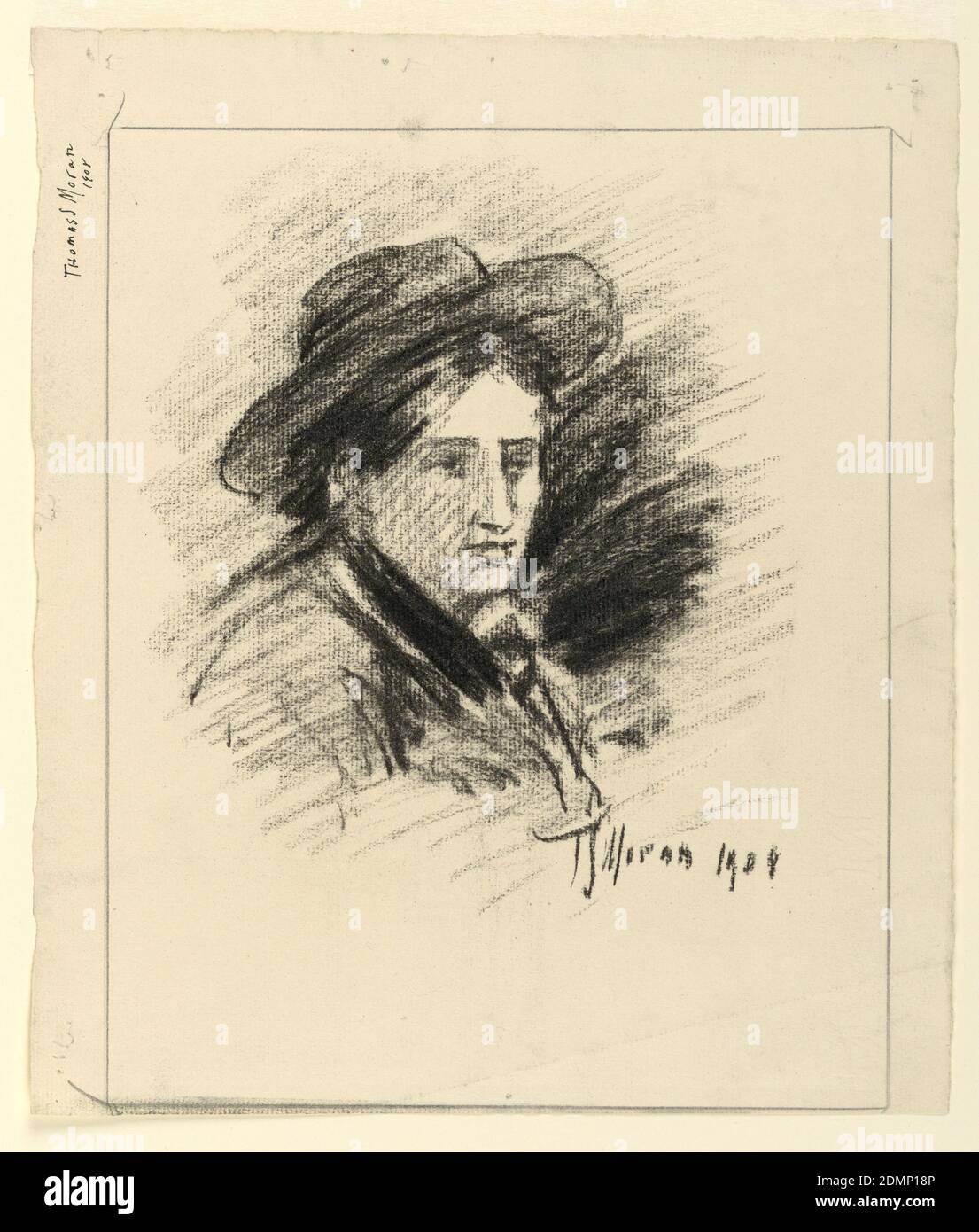 Portrait of a Young man, Thomas Sidney Moran, American, 1863–1930, Holzkohle auf Papier, Kopf eines jungen Mannes von rechts gesehen, leicht nach vorne gedreht, mit einem großen Krempenhut auf dem Hinterkopf., USA, 1908, Portraits, Zeichnung Stockfoto