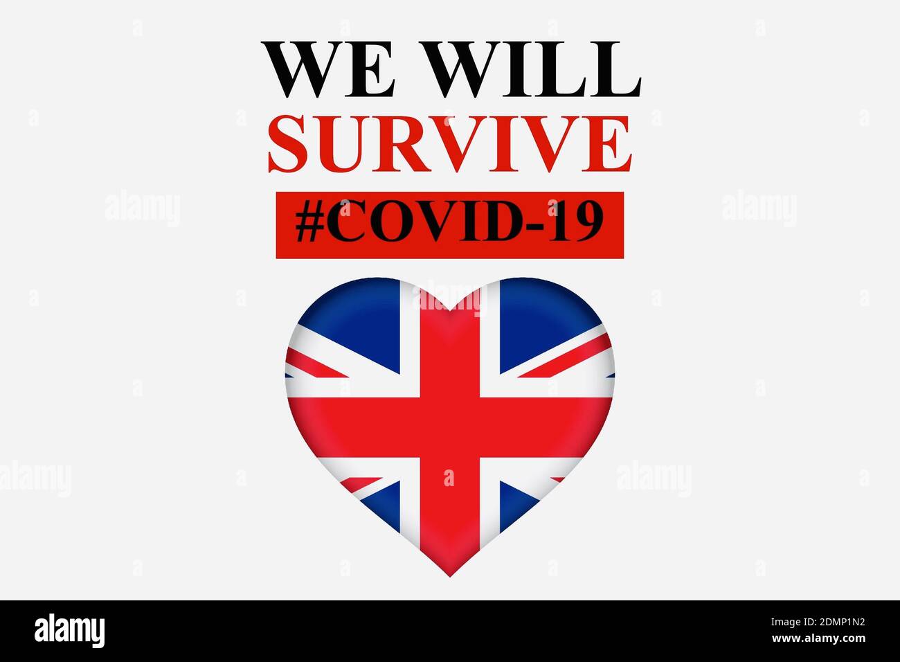 Eine Illustration von "We will Survive COVID-19" mit den Vereinigten Staaten Königreich Herzform Flag Symbol - neues normales Konzept Stockfoto