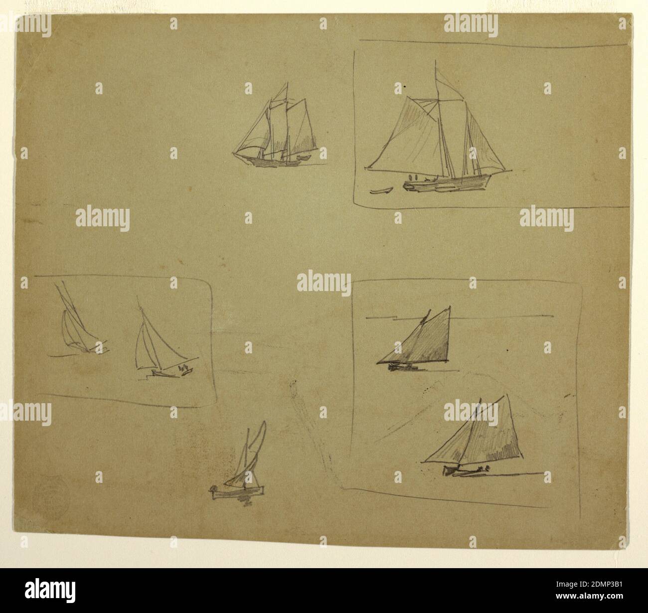 Sketches of Sailing Craft, Winslow Homer, American, 1836–1910, Graphit auf graugrünem Papier, Horizontale Ansicht von drei Rechtecken, die einen einzigen Schoner umschließen, und zwei Paar Yawls; auch zwei weitere Skizzen des Segelschiffs enthalten., USA, 1881–82, Seascapes, Drawing Stockfoto