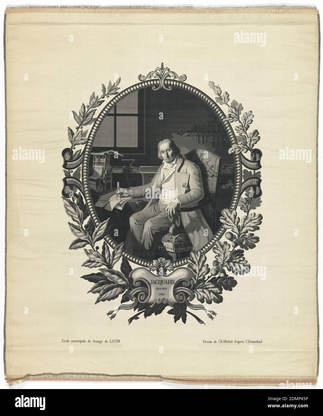 Portrait, Claude Bonnefond, (französisch, 1796–1860), Medium: Seide Technik: Jacquard gewebt, Tafel zeigt ein Porträt von Jacquard, der in seinem textilen Arbeitszimmer auf einem Stuhl sitzt; er hält einen Kompass. Unter dem Porträt befindet sich die Notation: 'Jacquard 1752–1834'. Darunter befinden sich die Notationen: 'Ecole municipale de tissage de Lyon' und 'Tessin de CH Michel d'Apres C. Bonnefond.', Lyon, Frankreich, 19. Jahrhundert, gewebte Textilien, Portrait Stockfoto