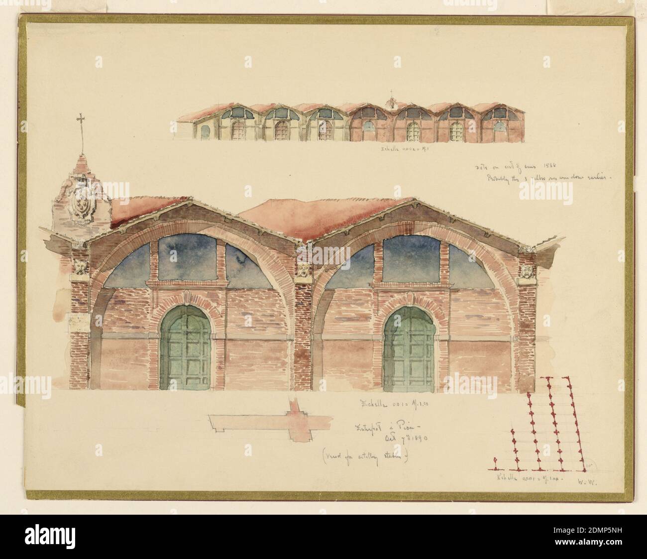 Ein Lagerhaus aus dem 16. Jahrhundert in Pisa, Italien, Whitney Warren Jr., Amerikaner, 1864–1943, Graphit, Pinsel und Aquarell auf Papier, oben, Erhebung eines leicht schräg anliegenden einstöckigen Gebäudes mit acht Buchten, von denen fünf Türen enthalten; Mitte, Erhebung von zwei der gemauerten Buchten; Ein Sockel mit dem Wappen der Medici erhebt sich links über einem Pilaster; darunter Skala; unterer Abschnitt, ein Mauerplan neben einer Tür und ein Teil des Bauplans., USA, 7. Oktober 1890, Architektur, Zeichnung Stockfoto