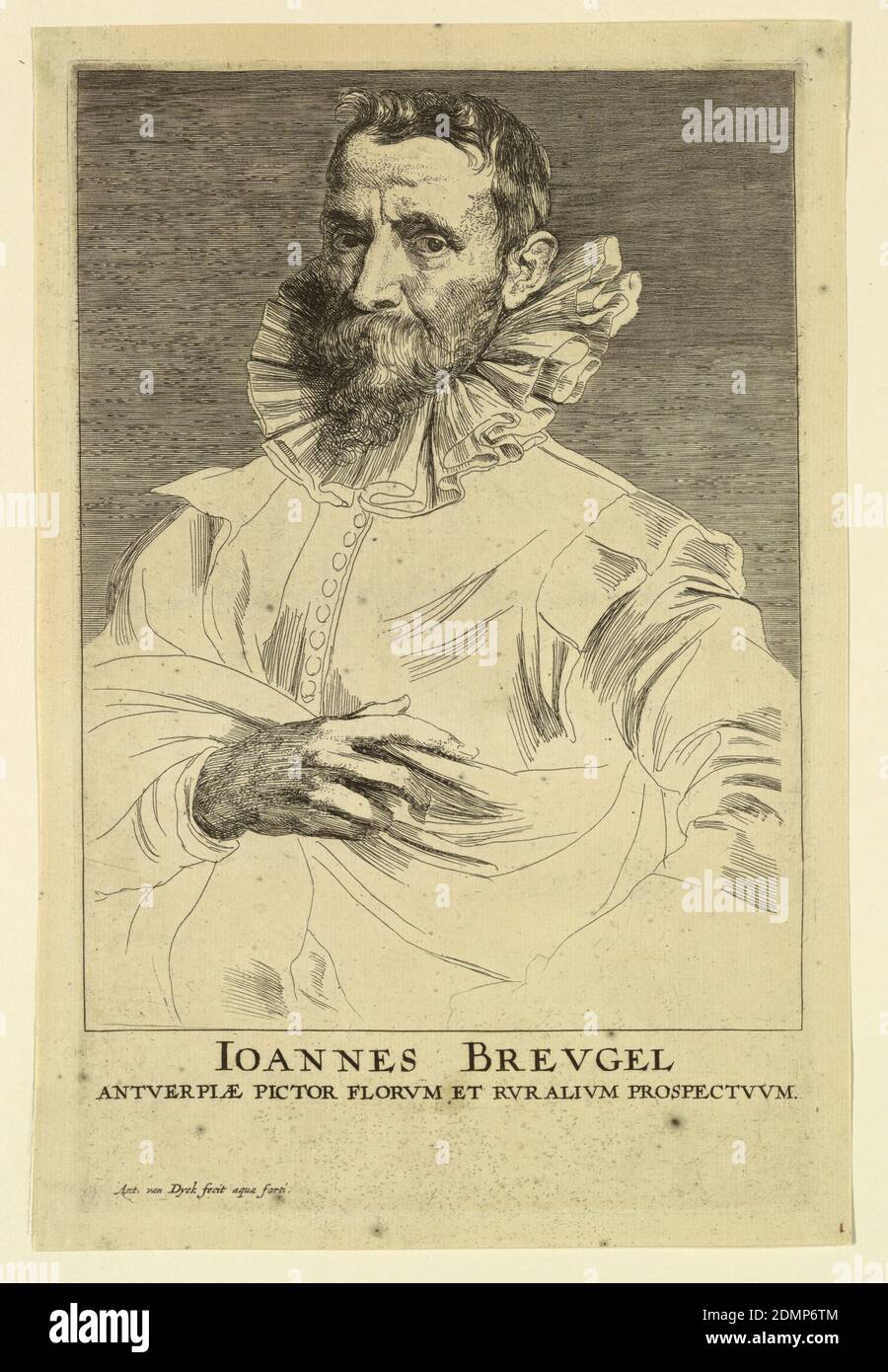 Porträt von Jan Brueghel d. Ä., aus dem Icones Principum Virorum, Anthony van Dyck, Niederlandisch, 1599 – 1641, Radierung auf Papier, Porträt eines bärtigen Mannes, nach links gedreht, Blick auf den Zuschauer. Er trägt einen großen Kragen, und seine rechte Hand ist sichtbar, hält die Falten seines Umhang., Niederlande, 1630–1641, Print Stockfoto