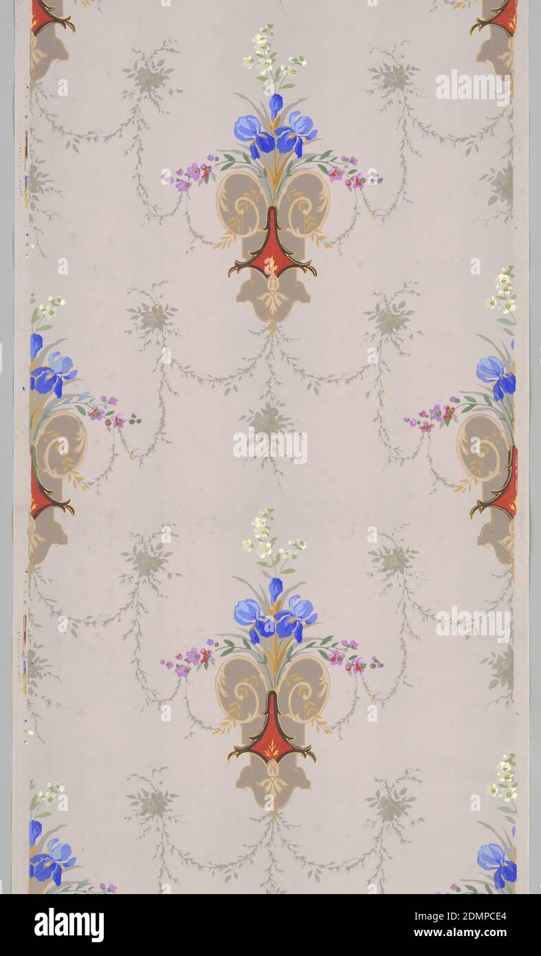 Seitenwand, Block-bedrucktes Papier, Iris und weißes Blumenspray brechen aus einer stilisierten Laubform mit roter Schildform aus., ca. 1870, Wallcoverings, Sidewall Stockfoto
