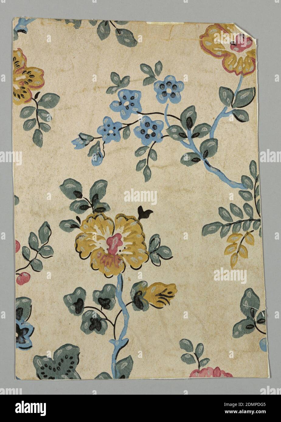 Seitenwand, maschinell bedruckt, asymmetrisches Design von verstreuten Blütensprays. Blaue Forget-Me-nots undgrößere Einzelblättrige Blüten, die alle aus einem Ast wachsen., USA, 1850–1900, Wallcoverings, Sidewall Stockfoto