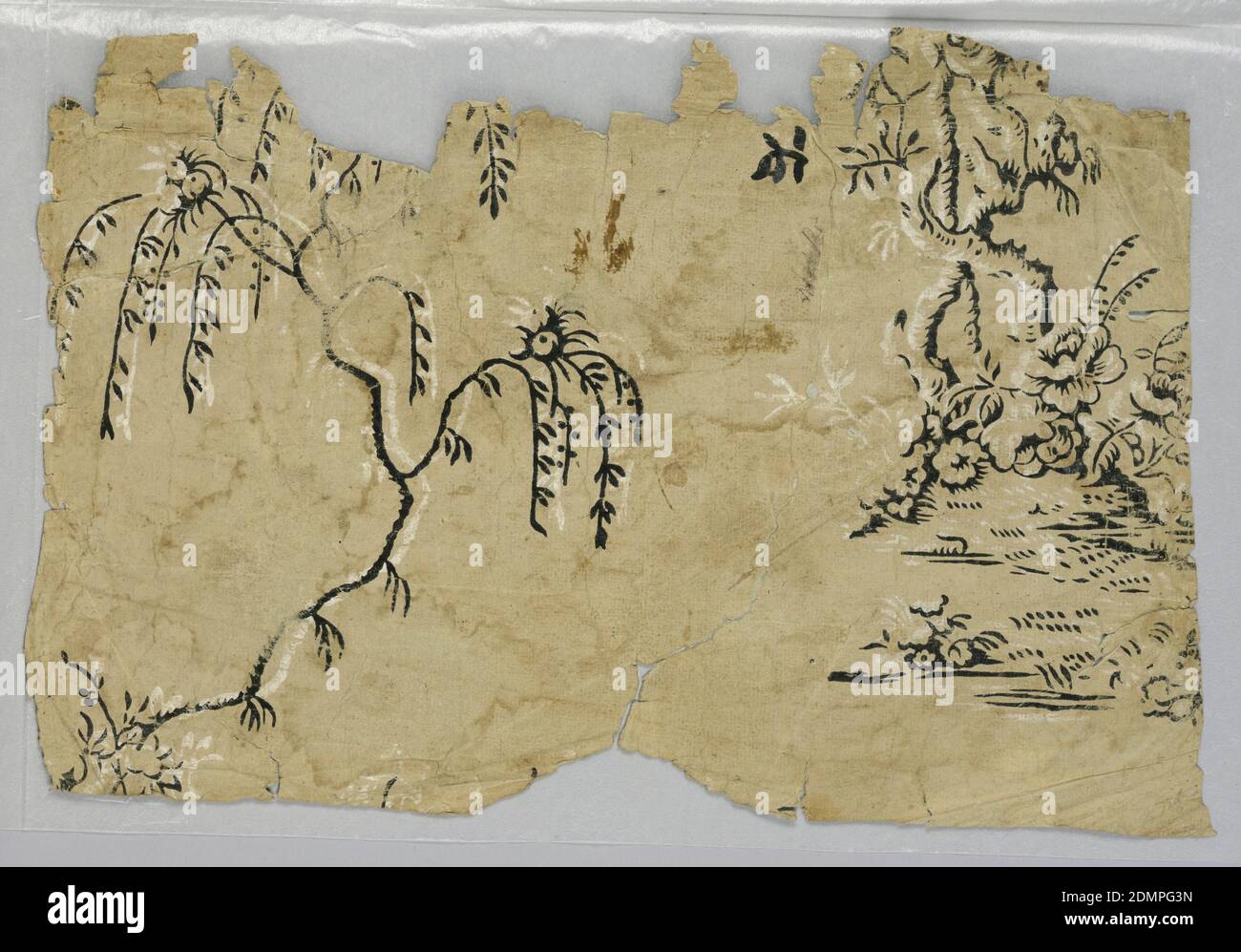 Seitenwand - Fragment, Blockdruck, ungeerdetes Papier, Design von Baum und Blumen in schwarz und weiß, ca. 1800, Wallcoverings, Sidewall - Fragment Stockfoto