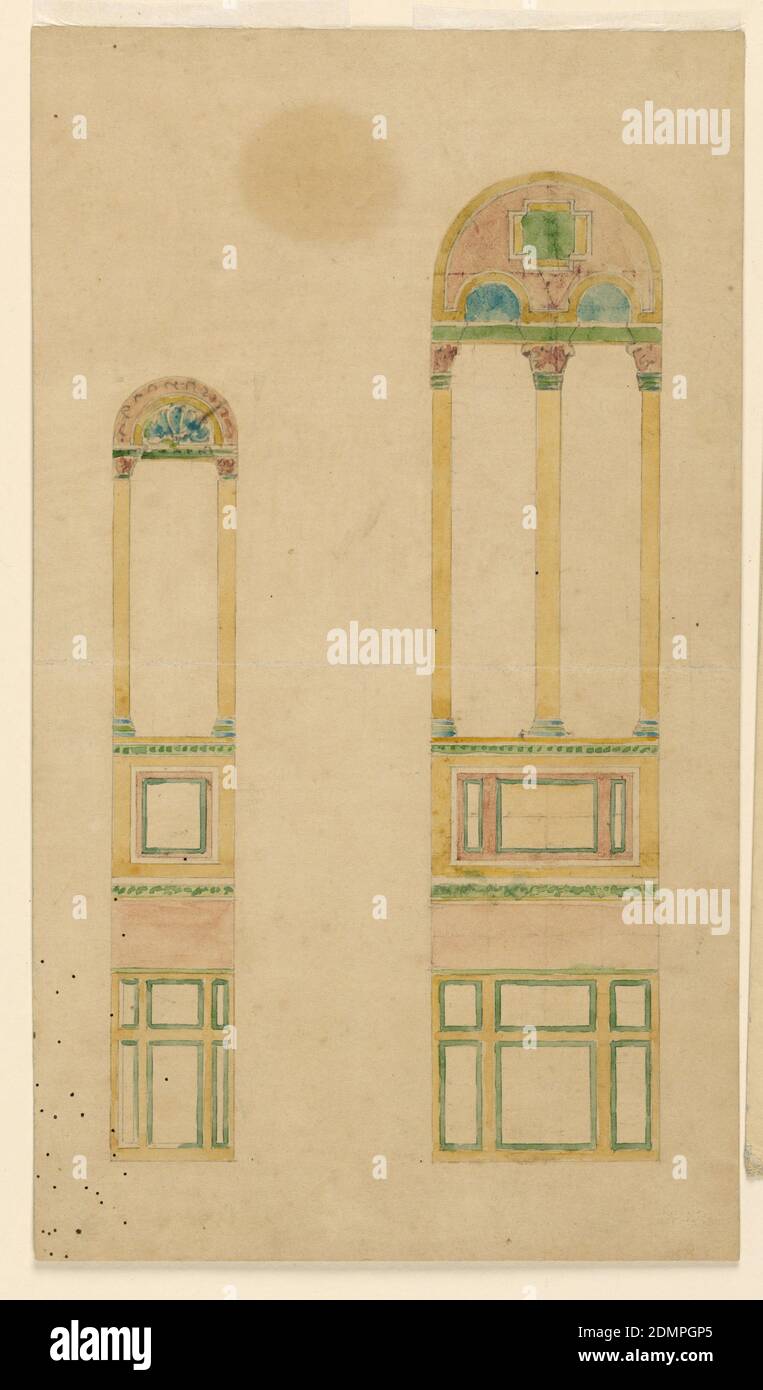 Zwei Entwürfe für Kirchenfenster, John La Farge, Amerikaner, 1835–1910, Graphit und Aquarell auf Papier, zwei runde Bogenfenster im byzantinischen Stil; links, einbogenförmig; rechts, doppelbogenförmig. Unten angedeutete Paneele aus farbigem Marmor., USA, 1890–1900, Architektur, Innenräume, Zeichnung Stockfoto