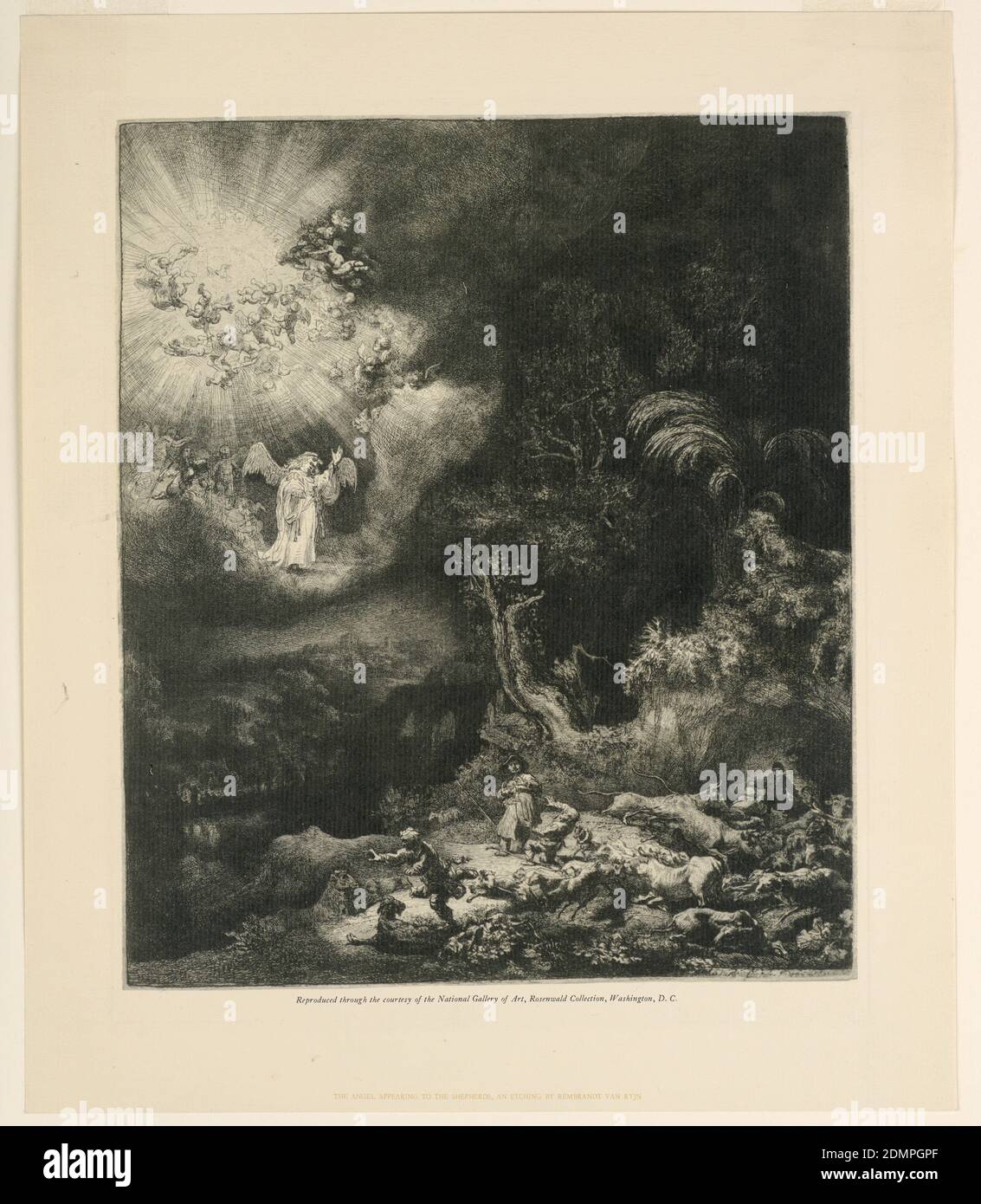 Verkündigung an die Hirten, Rembrandt Harmensz van Rijn, holländisch, 1606–1669, Radierung auf Büttenpapier, oben links steht ein geflügelter Engel auf einer Wolke in einer Lichtpracht, in der viele geflügelte Cherubim herumfliegen. Das Licht wird unten rechts reflektiert und zeigt eine Gruppe von verängstigten Hirten und ihre Herde. Die Entfernung, links, und Bäume sind im Schatten der Nacht zu sehen., Deutschland, 1634, Abbildungen, Drucken Stockfoto