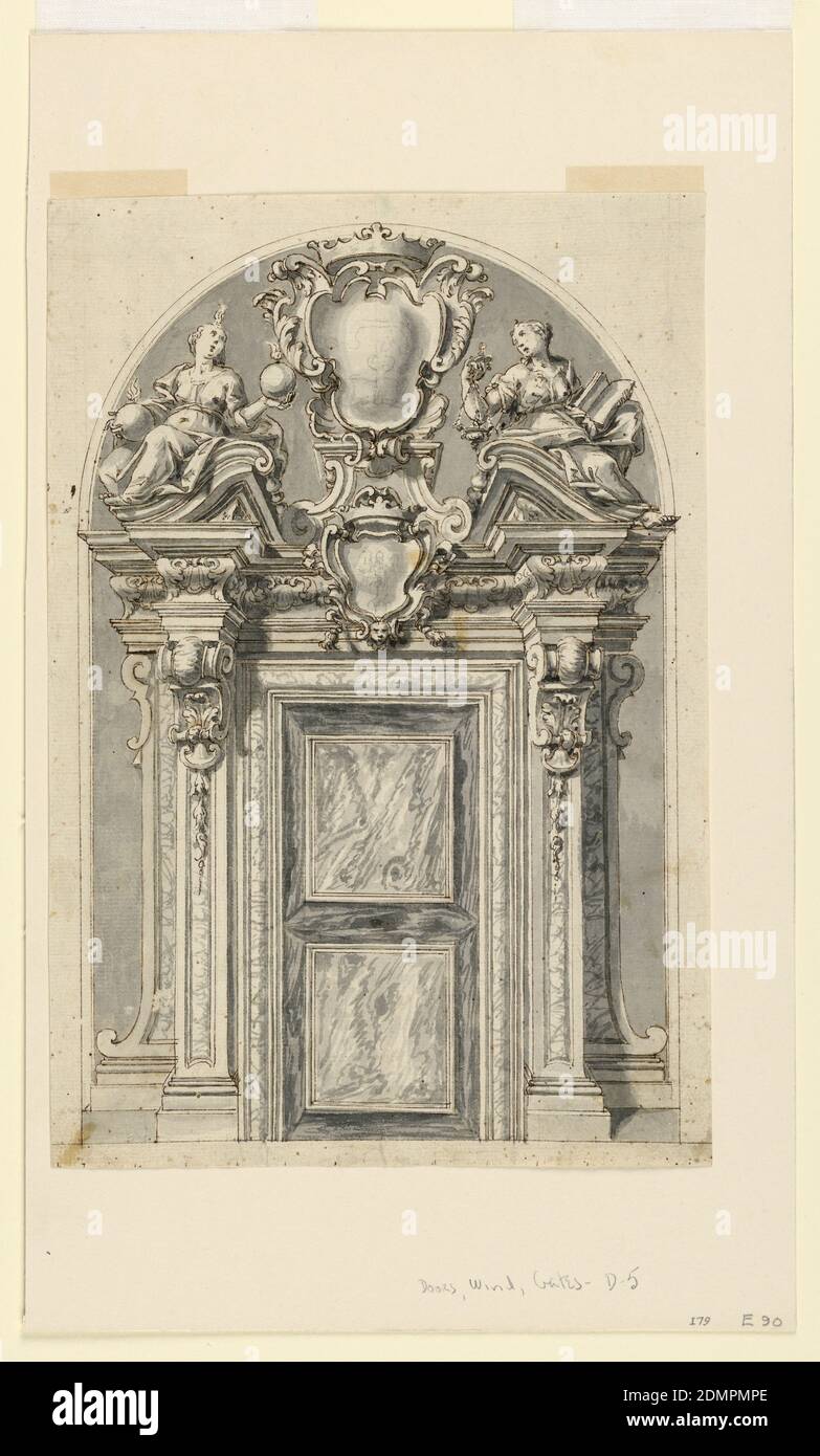 Türöffnung, Stift und braune Tinte, Grauwäsche, schwarze Kreide Unterstützung: Weiß gegelegtes Papier, Italien, Italien, ca. 1765, Architektur, Zeichnung Stockfoto