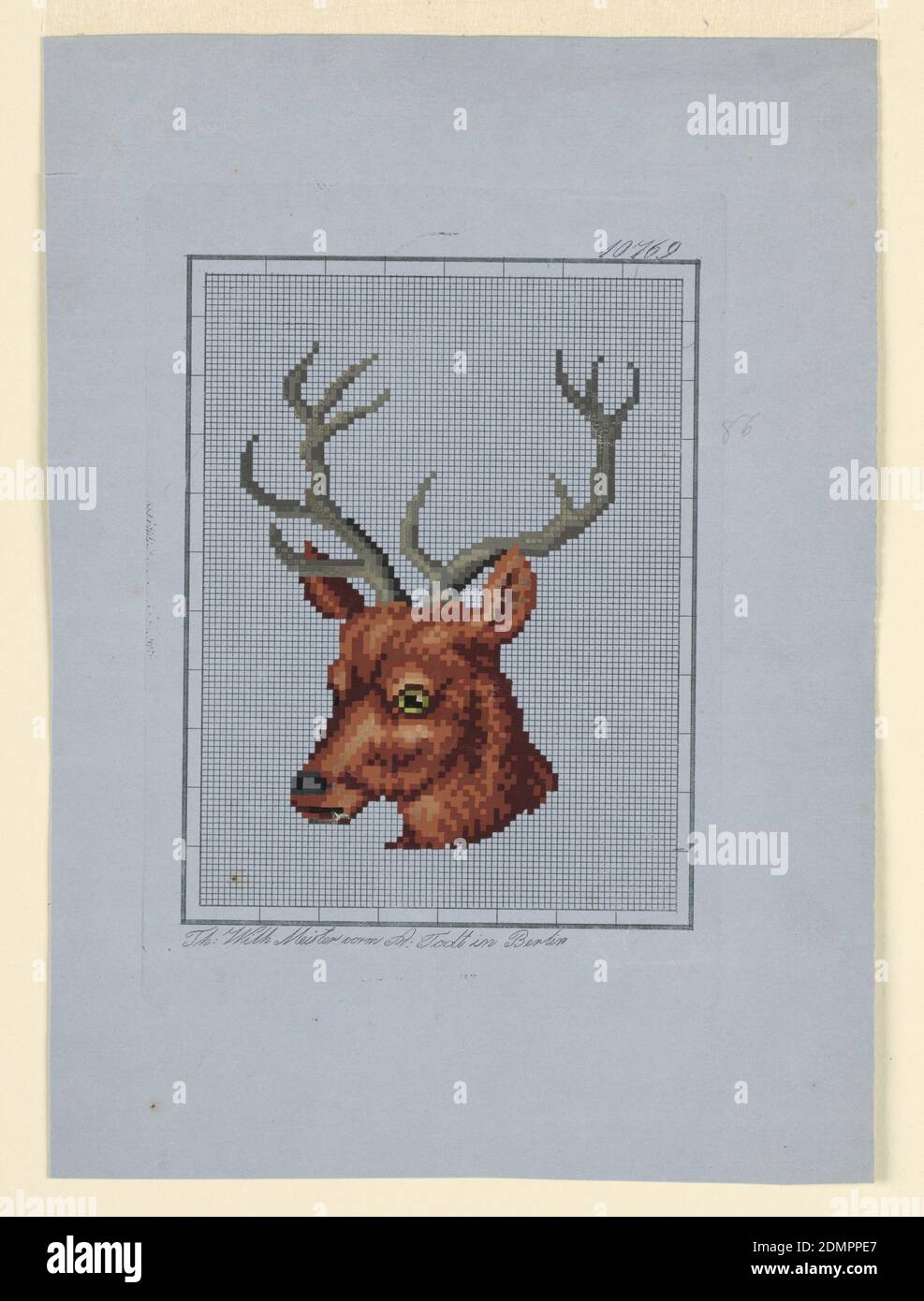 Design für Berlin Wool Work, Stag, Thomas Wilhelm Meister, Pinsel und Gouache auf vorgedrucktem quadratischen Papier, HIRSCHKOPF, zur Hälfte links., Deutschland, ca. 1850, Textildesigns, Zeichnung Stockfoto