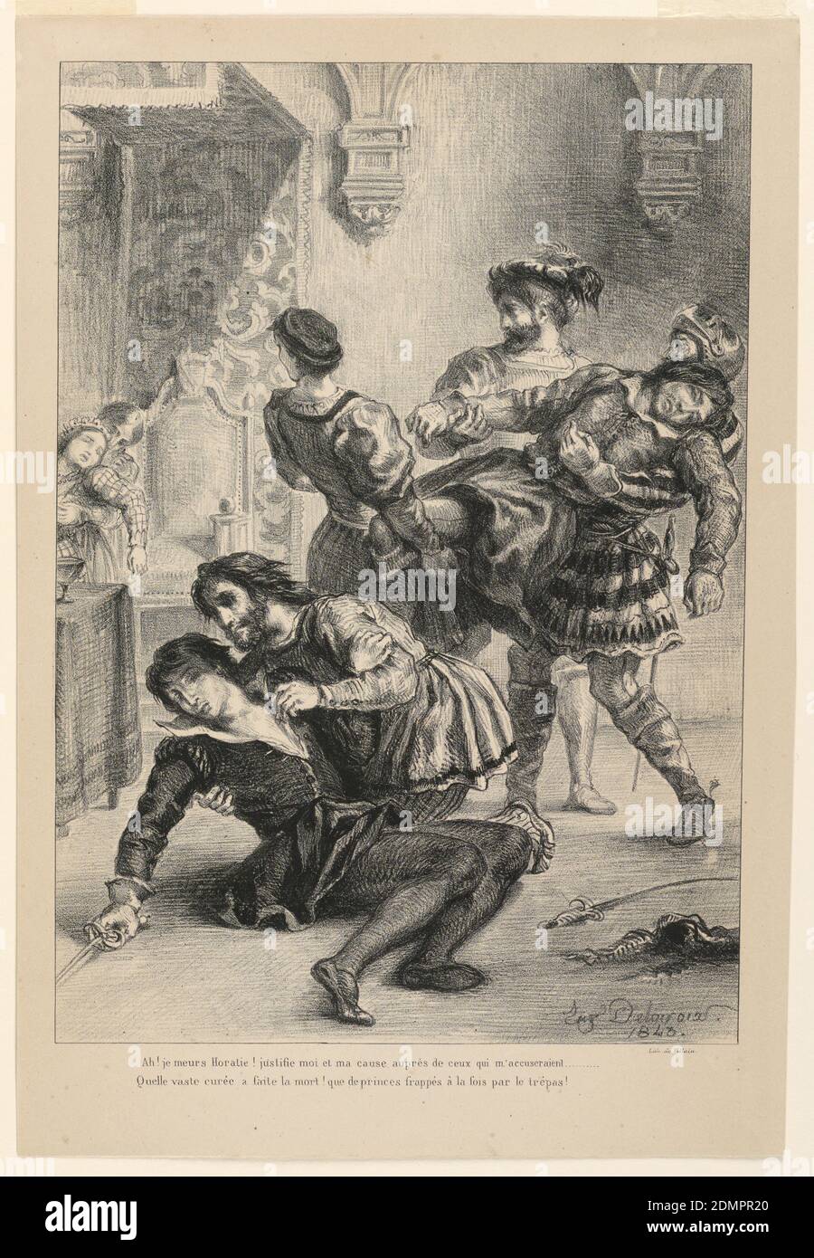 Illustration für Hamlet: Der Tod von Hamlet (V,2), Eugène Delacroix, Französisch, 1798 - 1863, Lithographie auf Papier, der Tod von Hamlet (V,2), Frankreich, 1843, Druck Stockfoto