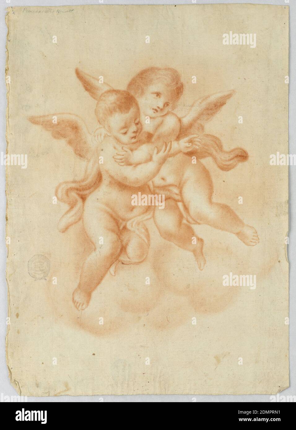 Geflügelte Putti in Wolken, Rote Kreide auf Papier, zwei geflügelte Putti, die zwischen Wolken fliegen. Der eine scheint den anderen mit seiner Umarmung zurückzuhalten., Italien, 1800–1850, Klassizismus, Zeichnung Stockfoto