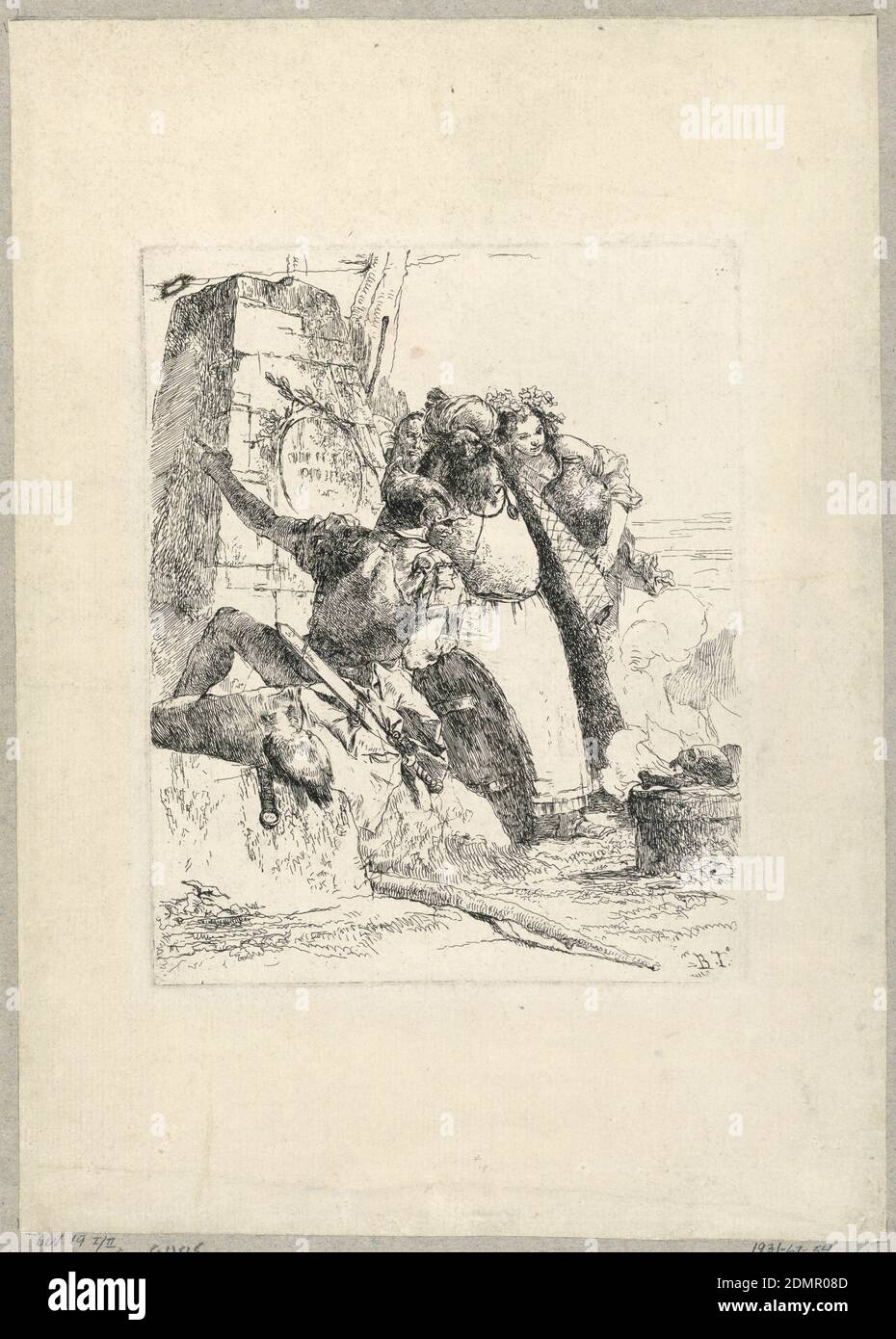 Soldaten, Magus und andere Figuren, die einen Schädel und eine Tibia auf einem Altar beobachten, Tafel 7 aus der Scherzi di Fantasia, Giovanni Battista Tiepolo, italienisch, 1692 - 1770, Radierung auf gedeckten Papier, erster Zustand, vor der Zahl, EIN sitzender Soldat mit der linken Hand, ein stehender Magier, Ein bärtiger Mann und eine Bacchante, die den Altar unten rechts beobachten., Italien, 1750–1760, Abbildungen, Druck Stockfoto