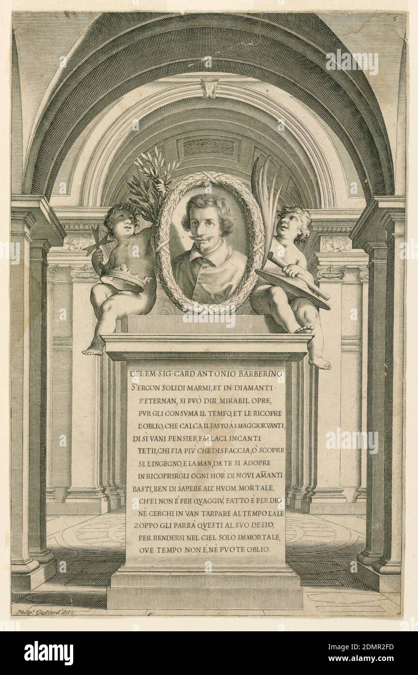 Porträt des Kardinals Antonio Barberino, Filippo Gagliardi, italienisch, gestorben 1659, Gravur auf Papier, BRUSTBILD in einem Medaillon, das den jungen Kardinal in Dreiviertelansicht nach links zeigt. Das Medaillon wird von einem hohen Sockel getragen. Das Porträt wird von zwei kleinen Putten flankiert. Das Denkmal ist ein gewölbter Raum platziert., Italien, 1647, Print Stockfoto