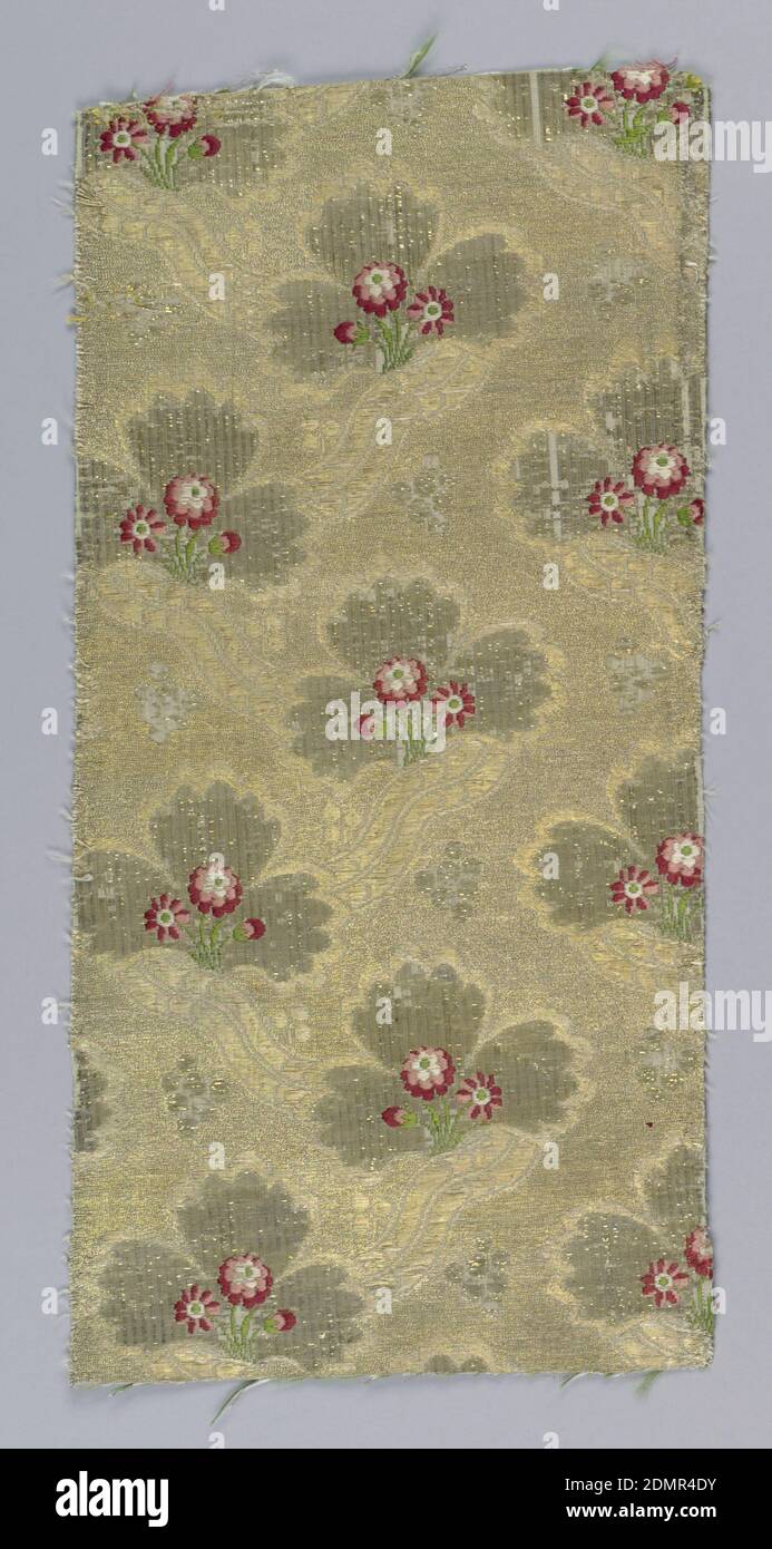 Textil, Medium: Seide, metallische Fadentechnik: Gewebt, Tuch aus Gold brokatiert in einem kleinen Blumenmuster aus Rot und Grün., Frankreich, 18. Jahrhundert, gewebte Textilien, Textil Stockfoto