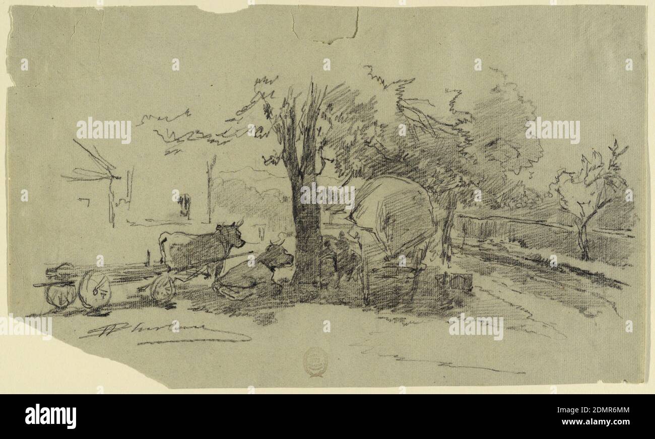 A Village Square, Walter Shirlaw, Amerikaner, B.. Schottland, 1838–1909, Graphit und schwarzer Buntstift auf grobem grauem Papier, EIN Quadrat wird links und hinten von Häusern begrenzt, rechts von einer Gartenmauer. In der Mitte wird ein Baum angezeigt. Ein Ochsenkarren und ein einfacher Wagen sind in der Nähe., USA, 1875–80, Landschaften, Zeichnung Stockfoto