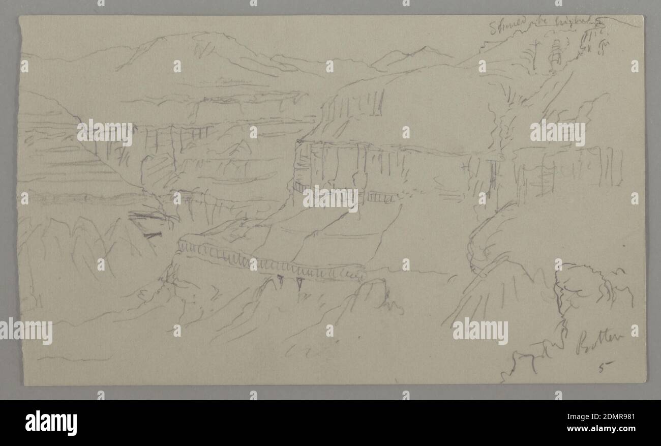 Valley of El Yemen, Frederic Edwin Church, American, 1826–1900, Graphit auf grauem Papier, Horizontale Ansicht schräge Ansicht der rechten Talwand und der rechten Spalte, mit der zentralen Rückwand in der linken Mitte sichtbar; eine Fortsetzung der Ansicht aus dem Jahr 1917-4-173. Verso: Horizontale Ansicht eines Hügels und ein Detail einer Felswand., 20. Februar 1868, Landschaften, Zeichnung Stockfoto