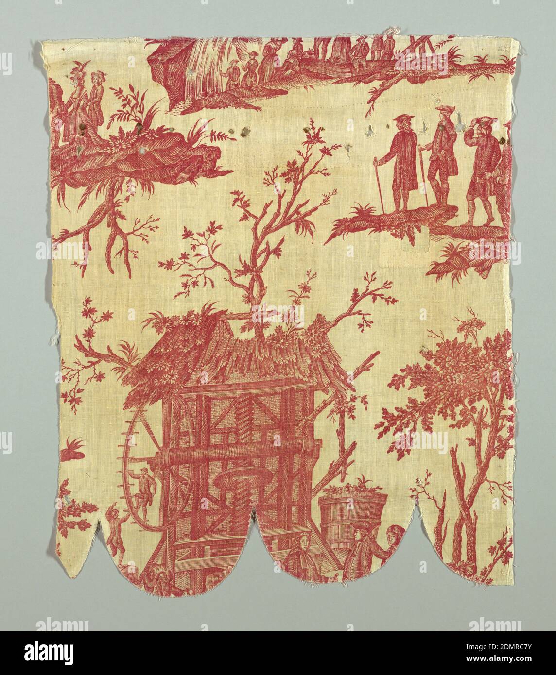 Textil, Medium: Baumwolle Technik: Gedruckt von Kupferplatte auf Leinwandbindung, 'Le Seigneur de Village'. Vignetten mit Landschauplätzen, eine mit Bäumen, die auf Felsen wachsen und einem Wasserfall, eine andere mit einer Scheune auf Feuer. Gedruckt in rot auf weiß., Nantes, Frankreich, 18. Jahrhundert, bedruckte, gefärbte & bemalte Textilien, Textil Stockfoto