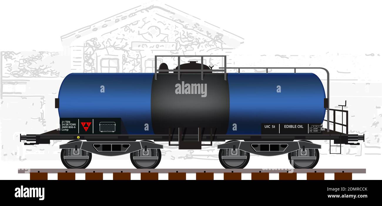 Eisenbahnfracht Transport Wagon-cisterna für Speiseöle.Detaillierte Vektor-Illustration. Stock Vektor