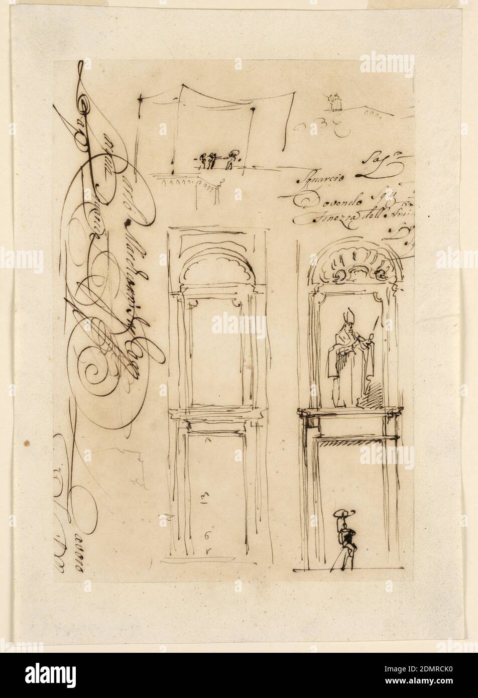 Sketches and Script, Carlo Marchionni, italienisch, 1702–1786, Stift und schwarze Tusche auf getuschenem Papier, zwei Skizzen einer Tür mit Nische im Obergeschoss. Letzteres ist in einem Rechteck eingerahmt und hat eine Schale darüber. Eine Skizze zeigt die Maße für die Tür, die andere zeigt die Statue eines Bischofs mit einem Gastgeber an der Seite und einem Mann mit einem Holzbein mit einem großen Hut auf der Straße stehend. Oben zwei leichte Skizzen von stehenden Personen. Daneben geschrieben in Schrift: „Lavoro“; „Squario eti“; und „Finezza dell’Amio“., Rom, Italien, 1765, Architektur, Zeichnung Stockfoto