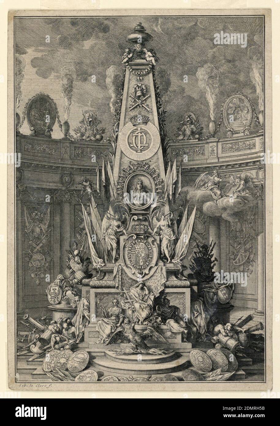 A Tomb Monument of Charles IV of Lorraine, Sebastien Leclerc, French, 1637–1714, Gravur in schwarzer Tinte auf Papier, Vertikales Rechteck. Ein kunstvolles Denkmal in Form eines Obelisken, das das Porträt, das Escutcheon und die Einrichtung des Königs trägt, mit Militärtrophäen und allegorischen Figuren wird vor einem halbrunden Bildschirm gesetzt, mit brennenden Urnen an der Oberseite., Frankreich, 1664, Druck Stockfoto