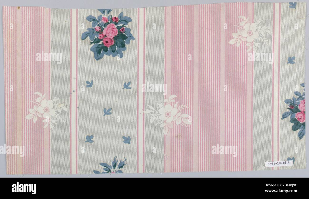 Textil, Schwartz-Huguenin, Medium: Baumwolle Technik: Bedruckt mit gravierter Walze auf Leinwandbindung, A) Molette geschliffen in breitem grauem Streifen und rosa Streifen in Gruppen; überdruckt mit kleinen Rosengruppen., B) Muster wie A mit gruppierten braunen Streifen., 1851–63, bedruckte, gefärbte & bemalte Textilien, Textil Stockfoto