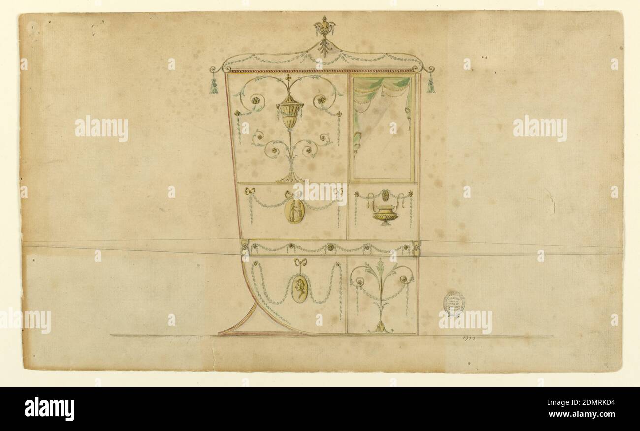 Design für eine Limousine Stuhl, Stift und Tinte, Pinsel und verschiedene Aquarelle auf Papier, in Profil nach rechts gedreht gezeigt. Unterteilt in zwei vertikale Platten. Das rechte hatte über einem Fenster mit Vorhang. Die Tafel daneben ist mit einem Kerzenleuchter verziert. Die zentrale Tafel ist mit einem Medaillon und Festoons links verziert. Eine Schüssel und die Festoons rechts. Die untersten Tafeln sind mit einem Medaillon-Porträt und Girlanden links mit einer Pflanze rechts verziert. Auf dem Dach befindet sich eine Vase mit einem Zeichen. Quasten Hand an den Ecken. Die Bar ist in der Breite des Stuhls dekoriert., London, England, 1773 Stockfoto