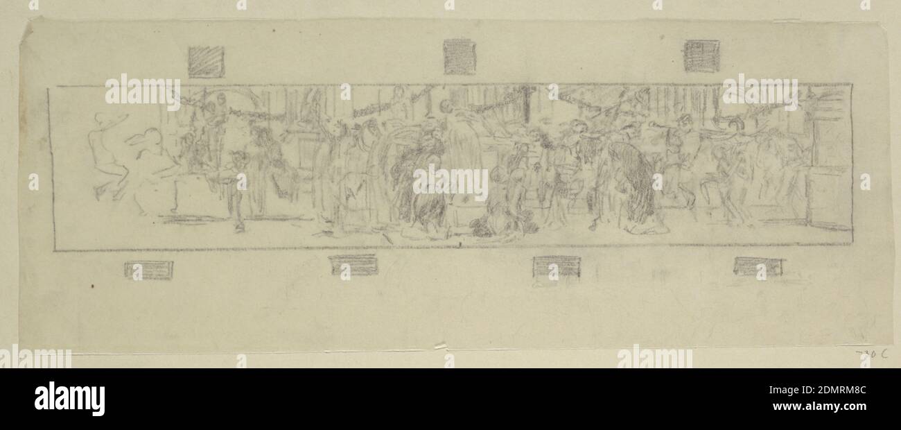 Studie für eine Prozession, „Vintage Festival“, Mendelssohn Glee Club, New York, NY, Robert Frederick Blum, Amerikaner, 1857–1903, Pastellkreide auf Zeichenpapier, Skizze von männlichen und weiblichen Figuren in Prozession durch eine Arkade mit Säulen und Sockeln. Ähnlich, aber immer noch mit der Gruppe 1904-16-27. Die detaillierte architektonische Einstellung wird angezeigt. Oben sind Quadrate abgebildet, unter dem Bild längs., New York, NY, USA, 1895–1898, Wandbilder, Zeichnung Stockfoto