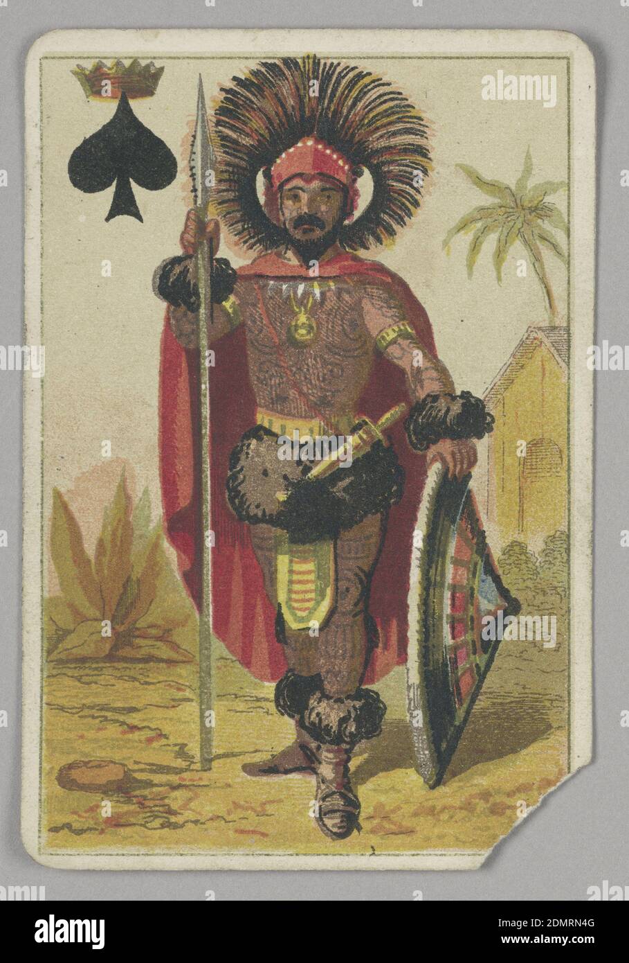 King of Spades, E. Le Tellier, Französisch, aktiv Ende des 19. Jahrhunderts, B.P. Grimaud, Paris, Frankreich, Lithograph auf Papier, Pik-König Spielkarte aus einer Packung Verwandlungskarten. Eine farbenfrohe afrikanische Hauptfigur in traditioneller Tracht, mit Speer und Schild und großem Kopfschmuck. Sein Körper ist mit Tattoos bedeckt. Exotische Landschaft im Hintergrund. Oben links, ein Spaten mit einer Krone gekrönt., Paris, Frankreich, Ende des 19. Jahrhunderts, Spielzeug & Spiele, Spielkarte, Spielkarte Stockfoto