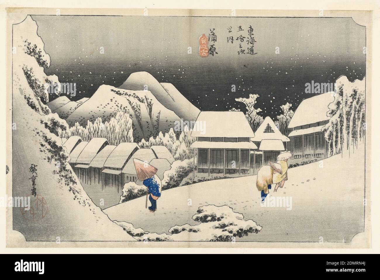 Kambara, Schnee in der Dämmerung, in den 53 Stationen der Tokaido-Straße (Tokaido Gojusan Tsugi-no Uchi), Ando Hiroshige, japanisch, 1797–1858, Holzblock-Druck in farbiger Tinte auf Papier, Winterszene mit schwerem Schnee; Dorf in der Mitte. Ein steiler, baumbewachsener Hang links mit Bäumen und Bergen im Hintergrund. Im Vordergrund fällt die Straße mit drei Bauern nach rechts aufwärts., Japan, ca. 1834, Landschaften, Drucken Stockfoto