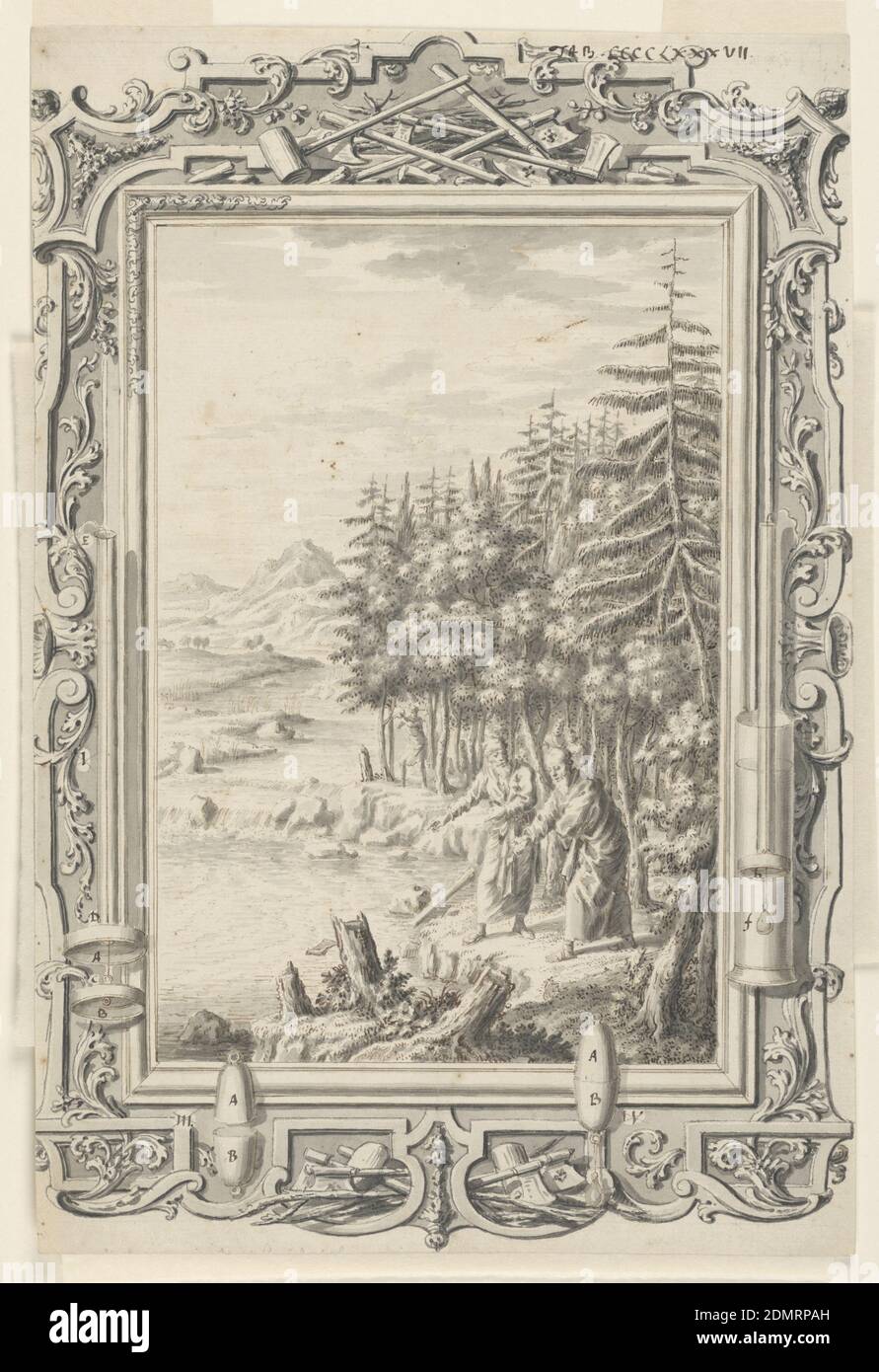 Zeichnung, Johann Melchior Füssli, Swiss, 1677–1736, Pinsel und Grauwäsche, Feder und braune Tinte auf cremefarbenem Papier, Zürich, Schweiz, vor 1731, Zeichnung Stockfoto