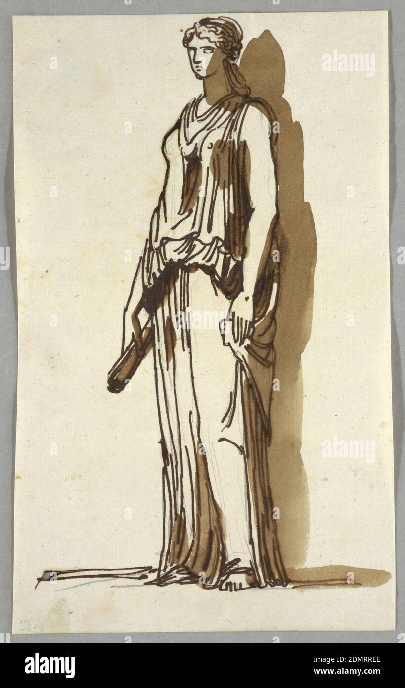 Antike Frauenstatue, Felice Giani, italienisch, 1758–1823, Stift und Tinte, Pinsel und Sepia waschen über Spuren von Graphit auf cremefarbenem Papier, gezeigt am schrägen Engel, nach links gedreht. Abgesenkte linke Hand hält Ecke des Kleides. Abgesenkte rechte Hand hält Papierrolle., Italien, ca. 1820, Figuren, Zeichnung Stockfoto