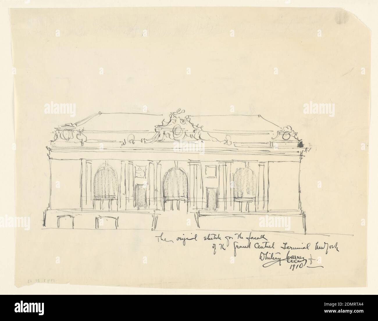 Grand Central Terminal, New York, NY: Design for façade, Whitney Warren Jr., American, 1864–1943, Stift und schwarze Tinte, Graphit auf cremefarbenem Tastung Papier, Südfassade des unteren und oberen Geschoss, mit Treppe zum Haupteingang in der Mitte. Zwischen den Eckvorsprüngen befinden sich fünf Schächte, abwechselnd in verschiedenen Größen. Dachornamentik in der oberen Mitte des oberen Geschoss., USA, 1910, Zeichnung Stockfoto