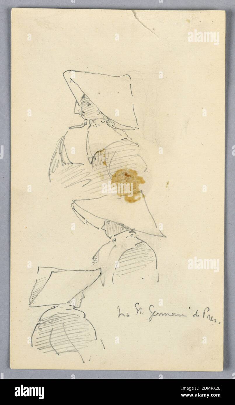 Drei Skizzen einer Nonne mit Hut, Arnold William Brunner, Amerikaner, 1857–1925, Graphit auf Papier, drei Büsten einer Nonne in einer weißen dreieckigen Kapuze. Oben Mitte, Figur zeigt nach links, Kopf leicht nach oben geneigt; unten Figur zeigt nach links; unten rechts, Gesicht ist nicht vollständig sichtbar, Figur zeigt nach rechts., USA, ca. 1881, Figuren, Zeichnung Stockfoto