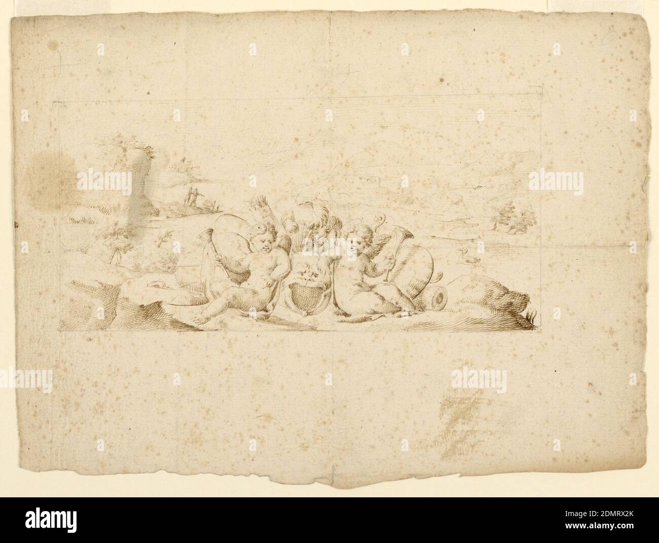 Design für ein Buch Illustration, Stift und Tinte auf Papier, zwei Putti, die jeweils eine Trompete halten, sitzen mit einer gefiederten Maske dazwischen. Hinter einem Köcher und einer Landschaft., Italien, 1625–1650, Figuren, Zeichnung Stockfoto