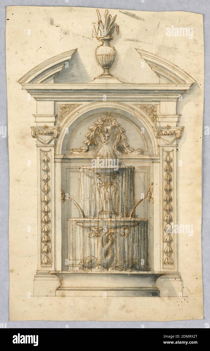 Die Anhebung des Brunnens, des Schreibens und der braunen Tinte, des Pinsels und der grauen Wäsche auf dem weißen gelegten Papier, der Aedikula mit gebrochenem Giebel und der Pilasters mit den Glockenblumen. In der Mitte fließt Wasser aus der Mündung einer Maske in ein Becken, das von zwei ineinander verflochtigenden Delphinen unterstützt wird., Italien, 1700–1750, Architektur, Zeichnung Stockfoto
