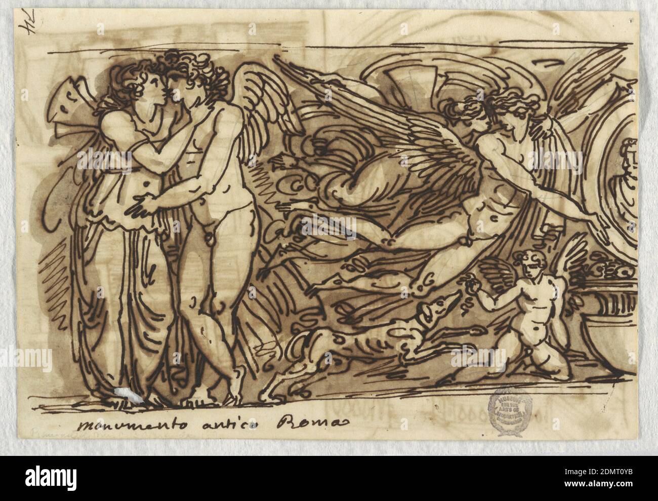 Frieze mit Psyche und Liebe, Felice Giani, italienisch, 1758–1823, Feder und Tinte, Pinsel und Braunwäsche auf Papier, rückseitig: Kircheninnenansicht, Italien, 1813–18, Figuren, Zeichnung Stockfoto