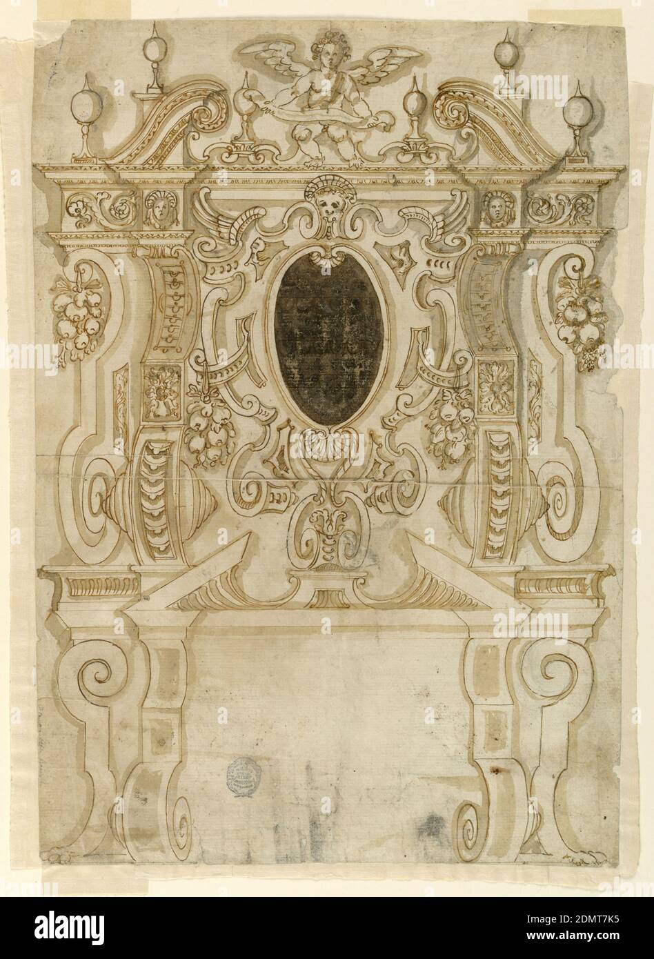 Ein Chimneypiece, Kreide, Stift und Tinte, Pinsel und Aquarell auf Papier, EIN Kaminstück seitlich von Voluten eingerahmt. Oben ein gebrochener Giebel, in dessen Inneren ein Putto mit Schriftrolle steht. Wappen verziert mit sechs spitzen Kugeln. Im Mantel ist Scrollwork umrahmt ein Oval. Obsthand aus Schriftrollen., Europa, 1575–1600, Ornament, Zeichnung Stockfoto