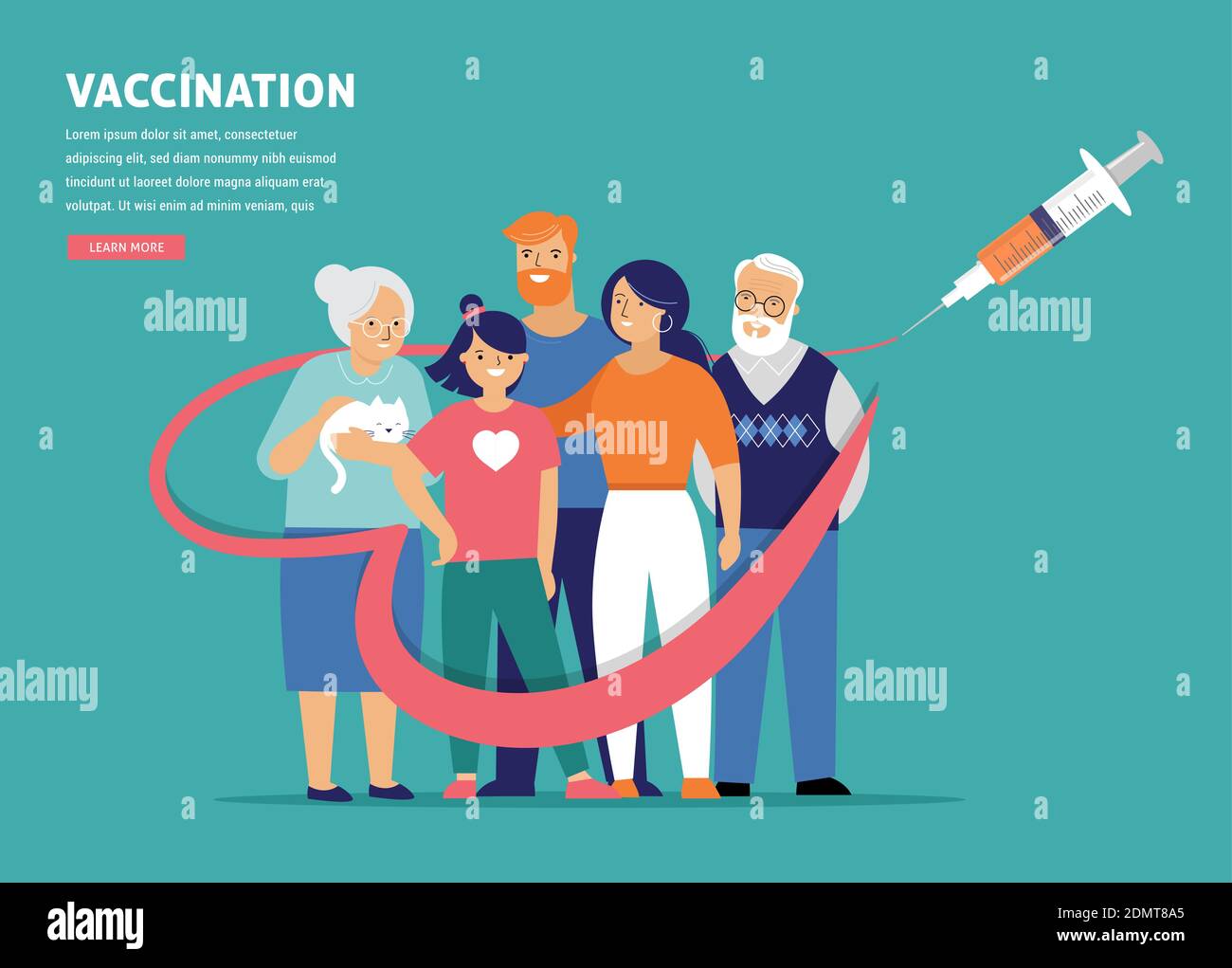 Konzept für die Familienimpfung. Zeit zum Impfen Banner - Spritze mit Impfstoff gegen COVID-19, Grippe oder Grippe und eine Familie Stock Vektor