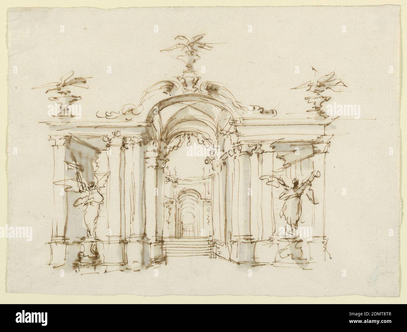 Bühnenbild, Gartenloggia, Filippo Juvarra, italienisch, 1678 - 1736, Stift und Tinte, Pinsel und graues Aquarell auf Papier, die kleinen Barrieren eines monumentalen Tores sind geöffnet. Es hat die Form einer Kolonnade mit einem höheren gewölbten zentralen Teil, und mit zwei unteren, geraden, überdachten seitlichen Teilen. Vor den letzteren stehen Engelstatuen; die linke trägt ein Kreuz und eine andere Objektivität; die rechte trägt möglicherweise eine Trompete. Blick durch den zentralen Teil, an einem Vorraum mit Treppe, der zu einer Galerie führt, die hinten durch eine Schranke verschlossen ist., Italien, ca. 1700–14, Theater Stockfoto