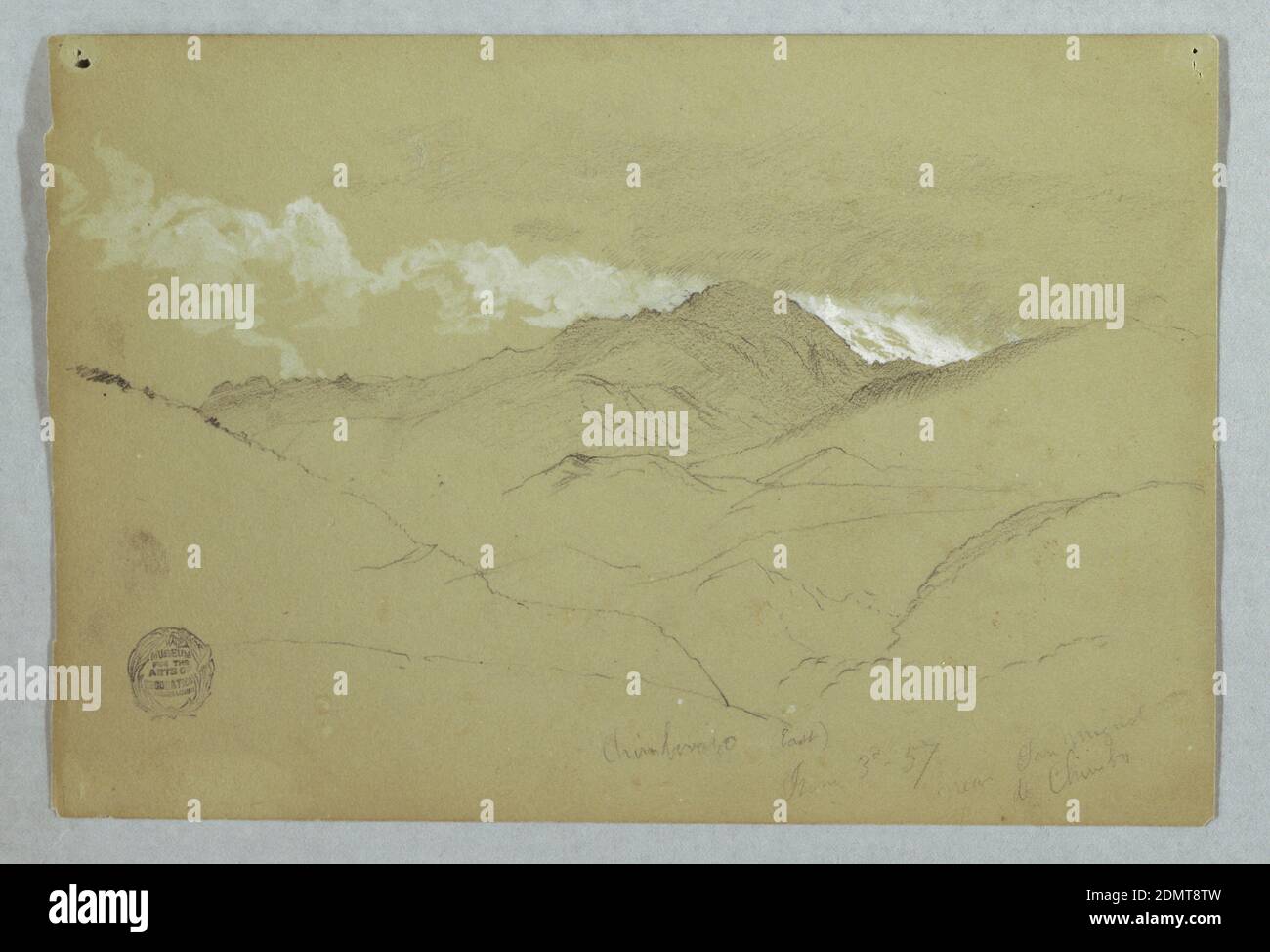 Blick aus dem Osten des Mount Chimborazo, Ecuador, Frederic Edwin Church, amerikanisch, 1826–1900, Graphit, Pinsel und weiße Gouache auf grün grauem Papier, Horizontale Studie des Mount Chimborazo aus dem Osten über Grate und Gipfel, mit Wolken., 3. Juni 1857, Landschaften, Zeichnung Stockfoto
