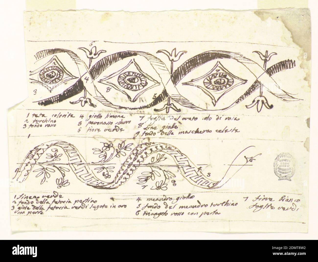 Recto: Zwei Friese mit Blumen Verso: Skizze für ein dekoratives Gemälde, Felice Giani, italienisch, 1758–1823, Feder und braune Tinte auf Papier, horizontales Rechteck. Recto: Oben: Zwei gewellte Bänder, die sich kreuzen. Kalices stehen in Keilen. Bei Ovoiden sind Lutscher mit gekrümmten Kanten, Kranz um Masken innen. Die Zahlen sind eingeschrieben und in der Bildunterschrift erklärt: '1 tuta colorita/ 2 turchino/ 3 fondo rosso/ 4 giallo limone/ 5 pavonasso/ 6 fiore verde/ 7 foglie del ovato colo[r] di rosa/ 8 Line[e] gialle/ 9 fondo della maschera celeste.' Unten: Dekoriertes Band um den horizontalen Stab, von dem Sprays Frühling Stockfoto