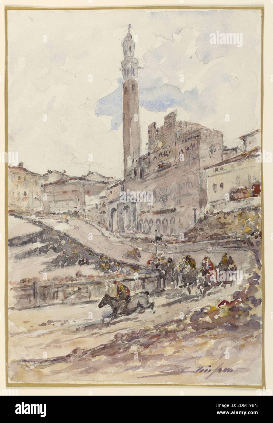 Pferderennen, Siena, Italien, Walter Shirlaw, Amerikaner, B. Schottland, 1838–1909, Pinsel und Aquarell, Graphit auf Papier, EIN Pferderennen in Siena, Italien. Die Stadt im Hintergrund, die Pferde schlängeln sich im Vordergrund einen Pfad hinunter., USA, ca. 1885, Tiere, Zeichnung Stockfoto