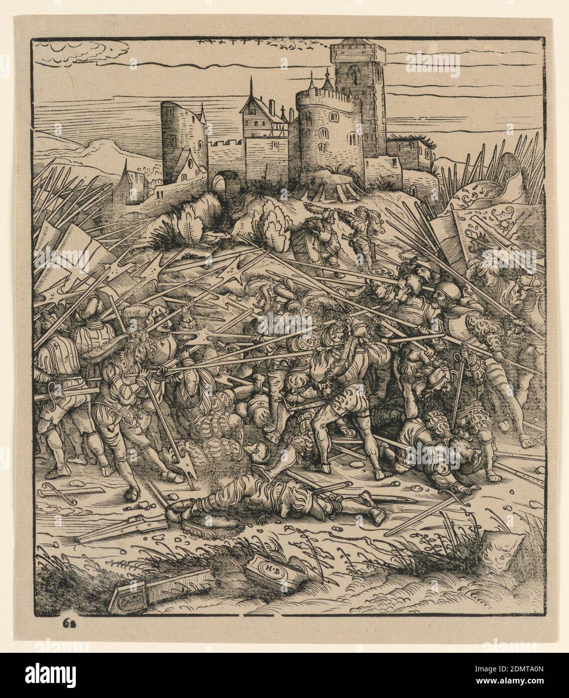 Die Schlacht bei Nauders, aus 'der Weisskunig', Hans Burgkmair der Ältere, deutsch, 1473–1531, Holzschnitt auf Papier, zwei gegnerische Kräfte kämpfen heftig im Vordergrund. Eine befestigte Burg in der Ferne. Initialen 'H.B.' in ovaler Form in der unteren Mitte. „Nein 60[?],' im Rand, unten links. Möglicherweise eine Illustration zu Maximilians I.'s 'der Weiss Kunig' (geschrieben 1505–16; erschienen ca. L 1775, S. Illustrationen von Hans Burgkmair und Leonhard Beck zwischen 1514–16., Deutschland, 1775, Print Stockfoto