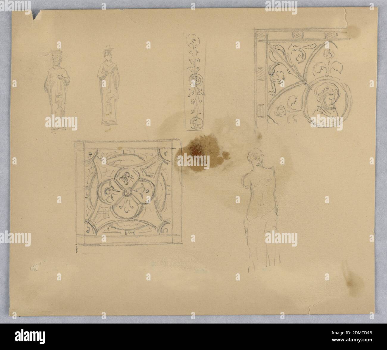 Skizzen von Dekorationspaneelen oder Grillarbeiten, Arnold William Brunner, Amerikaner, 1857–1925, Graphit auf beigefarbenem Papier, Dekorationspaneele oder Gitterwerk oben Mitte, oben rechts und Mitte links. Oberer Mittelteil der Verkleidung oder des Gitters, oben rechts, Ecke oder Verkleidung oder Gitter, mit Akanthus-Blättern. Mitte links, quadratisches Panel oder Gitter. Skizzen von weiblichen Statuen, oben links und unten rechts. Zwei oben links sind ähnlich im Stil. Unten rechts, möglicherweise eine Skizze von Venus de Milo., USA, ca. 1879, Architektur, Zeichnung Stockfoto
