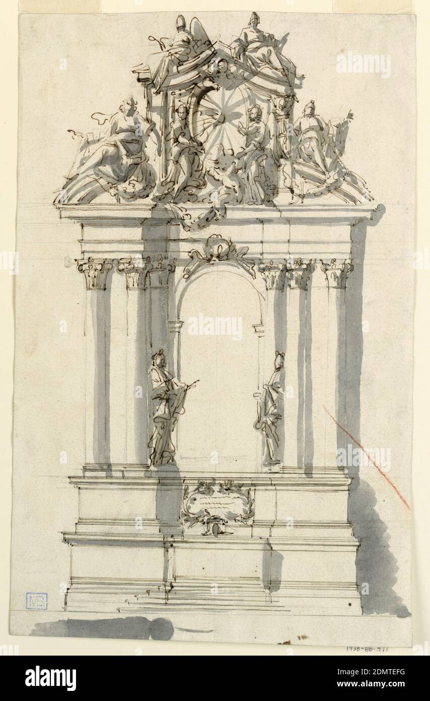 Entwurf für einen Altar, Filippo Marchionni, italienisch, 1732–1805, Feder und braune Tusche, Pinsel und Grauwäsche, schwarze Kreide, Streifen brauner Kreide auf weißem Papier, vertikales Rechteck. Die mensa, Altarstein, steht in der Mitte eines Sockelteils, auf dem eine zweite Sockelleihe steht. Vor ihm steht ein kleines Tabernakel, das in seinem zentralen Teil einen Reliquiar-Schrein enthält. Der Retabel hat die Form eines Bogens, der von drei eingebetteten Säulen auf beiden Seiten flankiert wird, die die Entablatur und den gebrochenen Giebel unterstützen. Figuren sitzen auf den Gesimsen. Zwei Engel unterstützen einen Eizoid mit der Taube Stockfoto