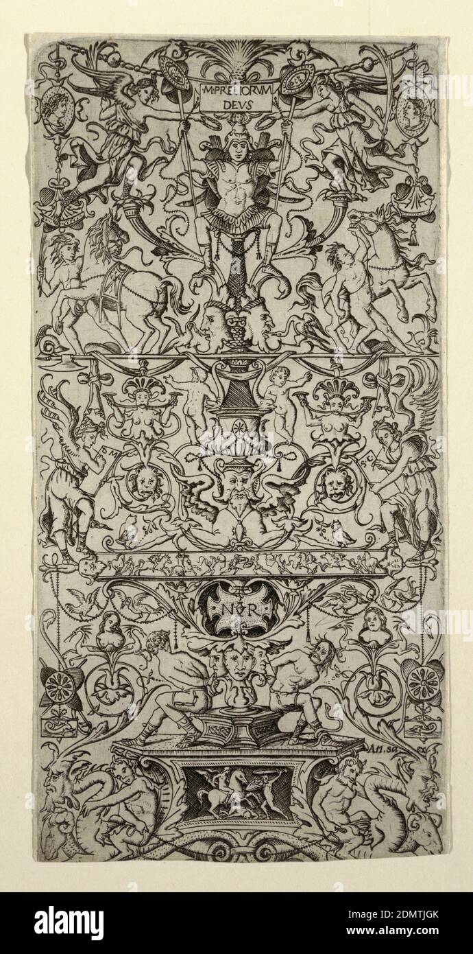 Ornamenttafel mit Mars, Nicoletto da Modena, italienisch, aktiv 1500 – 1522, Antonio Salamanca, italienisch, ca. 1500 - 1562, Gravur auf gedeckten Papier, Vertikales Rechteck voll mit symmetrischer Groteske verziert. An der Spitze, Cameo-Profile und Pferde. Unten ein kleiner Kampffries und ein Paar gebundener Gefangener., Italien, ca. 1507, Ornament, Druck Stockfoto