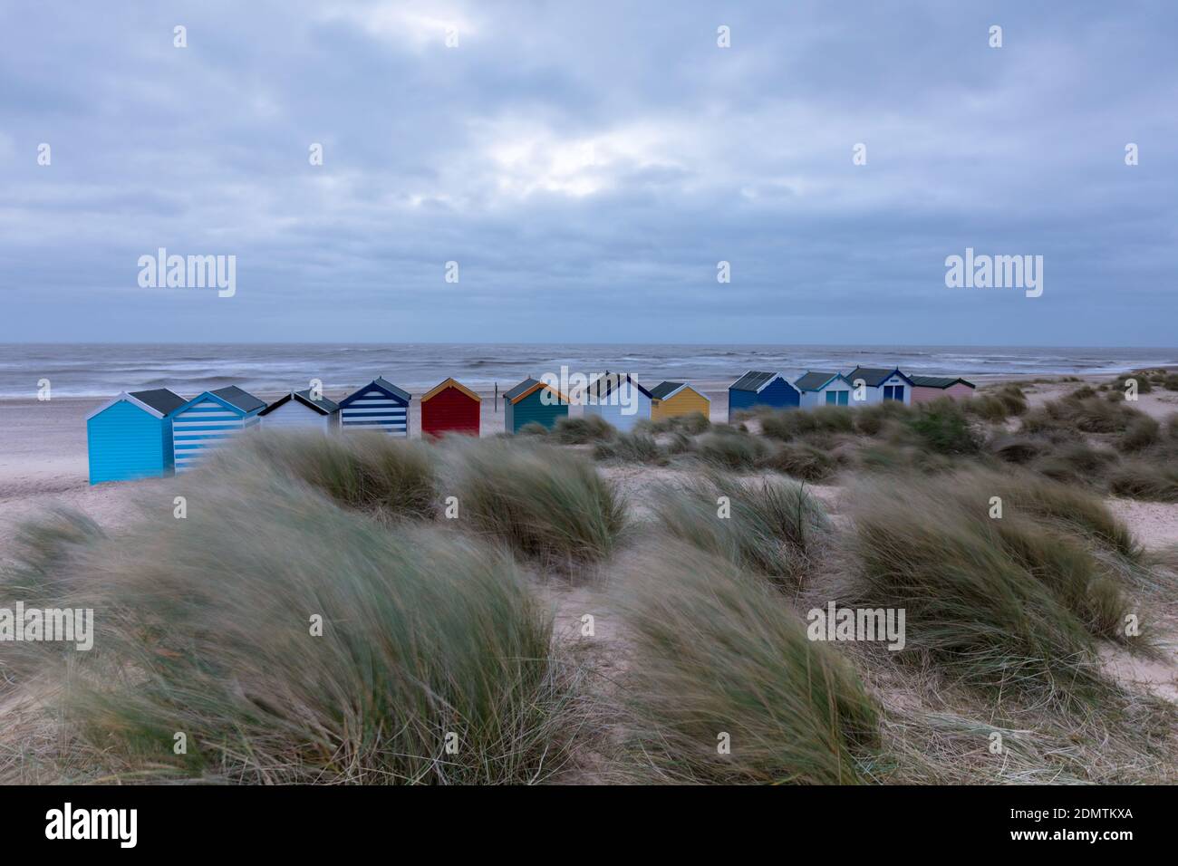Southwold Beach Hütten und die Dünen, Suffolk Küste, Großbritannien Stockfoto