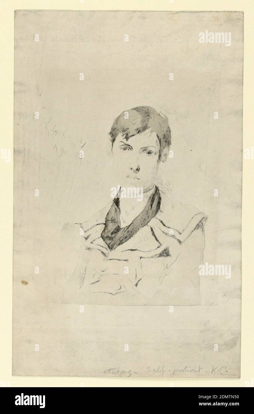 Selbstporträt, Kenyon Cox, Amerikaner, 1856–1919, Radierung in schwarzer Tinte auf Papier, Selbstporträt des Künstlers in Dreiviertelansicht, mit Mantel., USA, 1876, Porträts, Print Stockfoto